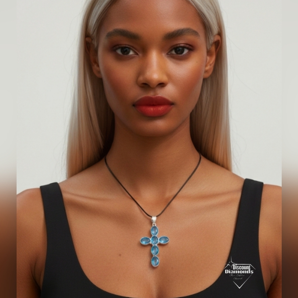Blue Crystal Cross Pendant Necklace - Picture 7 of 7